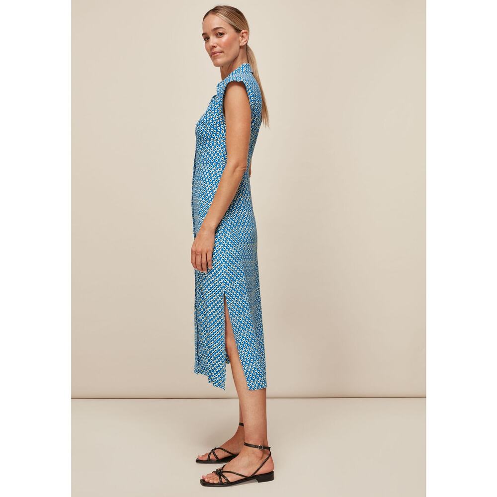 Whistles Astrix Floral Midi Dress Blue Button Front High Slit Short Sleeve Sz 12 - Picture 2 of 10